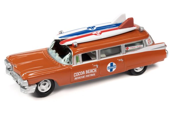 1950 Mercury Woody Wagon Dakota Gray with Wood Panels & Surfboards on Roof & 1959 Cadillac Ambulance Dull Red w/ Surfboards on Roof Cocoa Beach Rescue Patrol Surf Rods "Set of 2" Cars 2-Packs 2023 Release 2 1/64 Diecast Model Cars by Johnny Lightning - Image 2