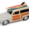 1950 Mercury Woody Wagon Dakota Gray with Wood Panels & Surfboards on Roof & 1959 Cadillac Ambulance Dull Red w/ Surfboards on Roof Cocoa Beach Rescue Patrol Surf Rods "Set of 2" Cars 2-Packs 2023 Release 2 1/64 Diecast Model Cars by Johnny Lightning - Image 3