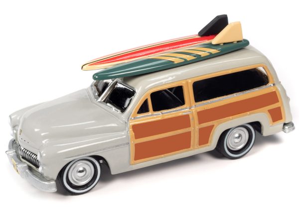 1950 Mercury Woody Wagon Dakota Gray with Wood Panels & Surfboards on Roof & 1959 Cadillac Ambulance Dull Red w/ Surfboards on Roof Cocoa Beach Rescue Patrol Surf Rods "Set of 2" Cars 2-Packs 2023 Release 2 1/64 Diecast Model Cars by Johnny Lightning - Image 3