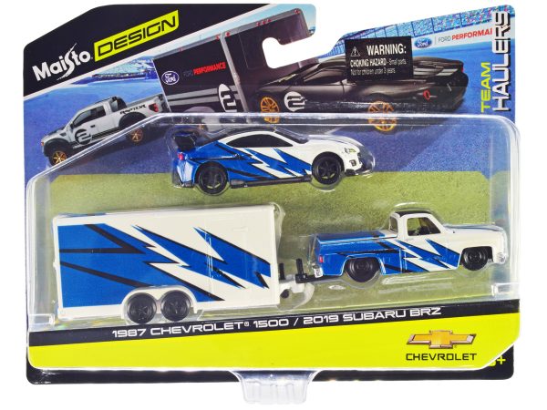 1987 Chevrolet 1500 Pickup Truck White with Blue Graphics and 2019 Subaru BRZ White with Blue Graphics with Enclosed Car Trailer "Team Haulers" Series 1/64 Diecast Model Car by Maisto - Image 2