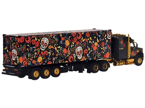 Western Star 49X with 40 Ft Container "Dia de los Muertos" (Day of the Dead) Black with Graphics 1/64 Diecast Model by True Scale Miniatures - Image 2