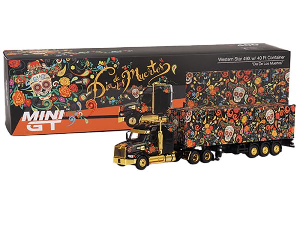 Western Star 49X with 40 Ft Container "Dia de los Muertos" (Day of the Dead) Black with Graphics 1/64 Diecast Model by True Scale Miniatures - Image 3