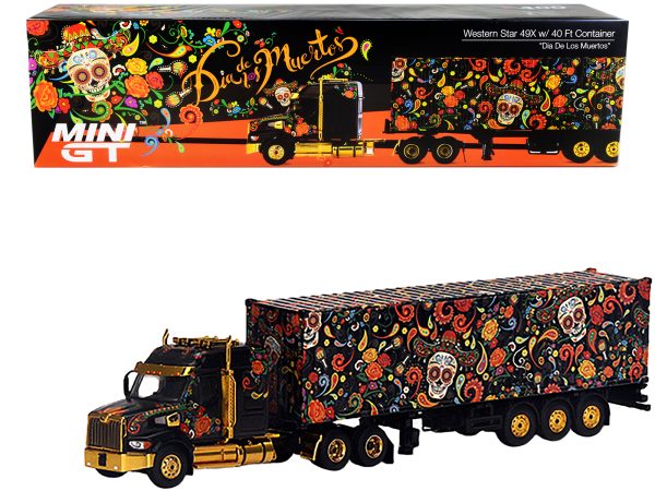 Western Star 49X with 40 Ft Container "Dia de los Muertos" (Day of the Dead) Black with Graphics 1/64 Diecast Model by True Scale Miniatures - Image 4