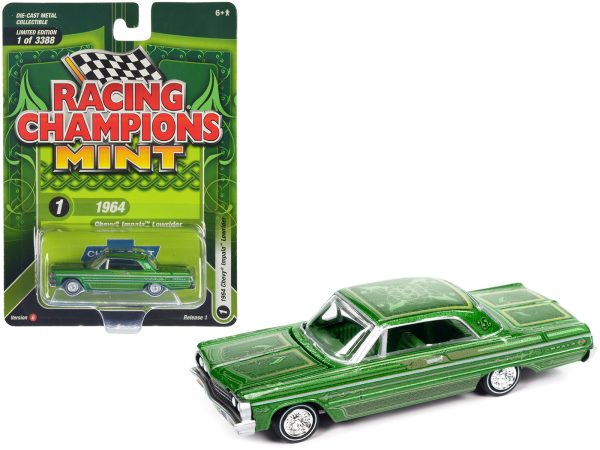 1964 Chevrolet Impala Lowrider Green Metallic with Graphics and Green Interior "Racing Champions Mint 2023" Release 1 Limited Edition to 3388 pieces Worldwide 1/64 Diecast Model Car by Racing Champions - Image 2