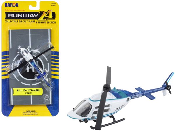 Bell 206 Jetranger Helicopter White and Blue "Police-N70650" with Runway Section Diecast Model by Runway24 - Image 3
