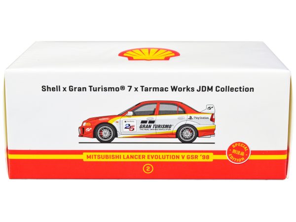 1998 Mitsubishi Lancer Evolution V GSR RHD (Right Hand Drive) Red and White with Yellow Stripes "Shell x Gran Turismo 7" Special Edition 1/64 Diecast Model Car by Tarmac Works - Image 2