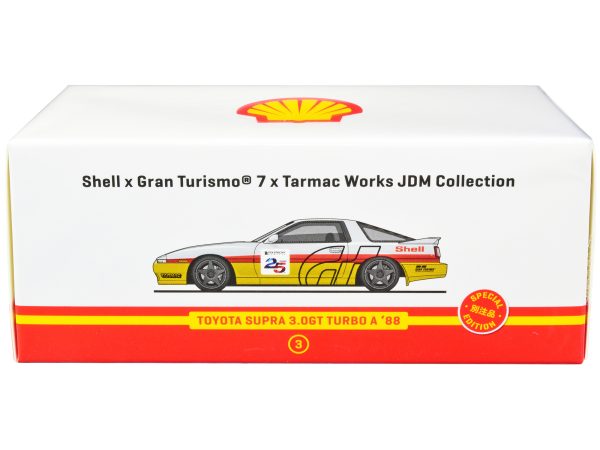 1988 Toyota Supra 3.0GT Turbo A RHD (Right Hand Drive) White and Yellow with Red Stripes "Shell x Gran Turismo 7" Special Edition 1/64 Diecast Model Car by Tarmac Works - Image 2