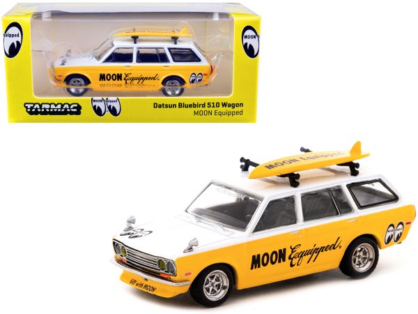 Datsun Bluebird 510 Wagon Yellow and White "MOON Equipped" with Roof Rack and Surfboard "Global64" Series 1/64 Diecast Model Car by Tarmac Works - Image 2