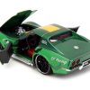 1969 Chevrolet Corvette Stingray ZL1 Green Metallic with Yellow Stripes and Cammy Diecast Figure "Street Fighter" Video Game "Anime Hollywood Rides" Series 1/24 Diecast Model Car by Jada - Image 3