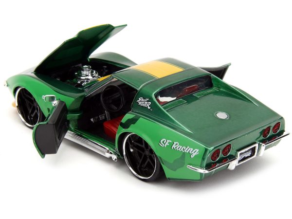 1969 Chevrolet Corvette Stingray ZL1 Green Metallic with Yellow Stripes and Cammy Diecast Figure "Street Fighter" Video Game "Anime Hollywood Rides" Series 1/24 Diecast Model Car by Jada - Image 3