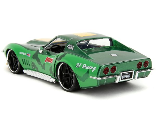 1969 Chevrolet Corvette Stingray ZL1 Green Metallic with Yellow Stripes and Cammy Diecast Figure "Street Fighter" Video Game "Anime Hollywood Rides" Series 1/24 Diecast Model Car by Jada - Image 2