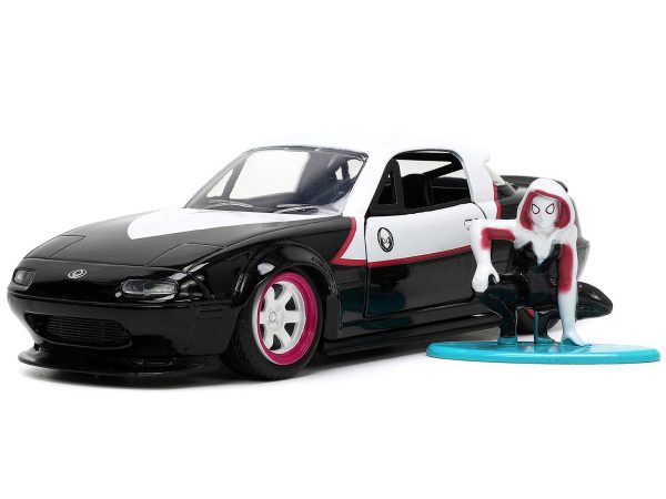 1990 Mazda Miata Black and White with Graphics and Ghost Spider Diecast Figure "Spider-Man" "Marvel" Series 1/32 Diecast Model Car by Jada - Image 5