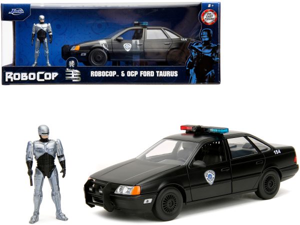 Ford Taurus OCP Matt Black "Detroit Police" and Robocop Diecast Figure 35th Anniversary "Robocop" (1987) Movie "Hollywood Rides" Series 1/24 Diecast Model Car by Jada - Image 5