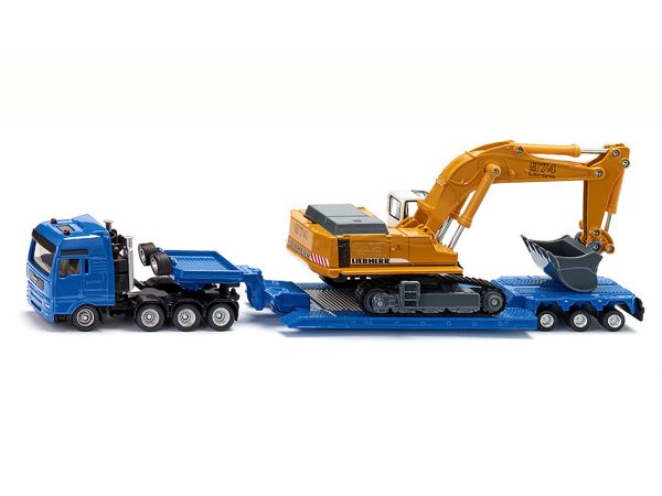Heavy Haulage Flatbed Transporter Blue and Liebherr 974 Litronic Excavator Yellow 1/87 (HO) Diecast Models by Siku - Image 3