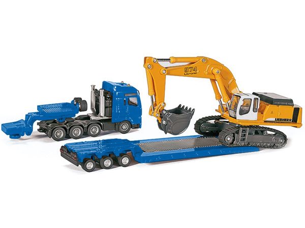 Heavy Haulage Flatbed Transporter Blue and Liebherr 974 Litronic Excavator Yellow 1/87 (HO) Diecast Models by Siku - Image 2