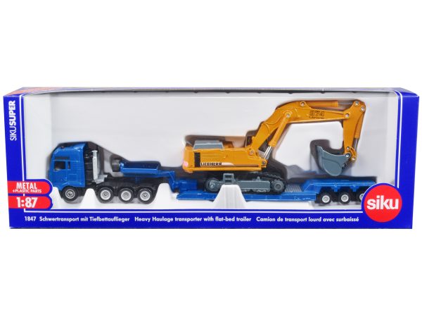 Heavy Haulage Flatbed Transporter Blue and Liebherr 974 Litronic Excavator Yellow 1/87 (HO) Diecast Models by Siku - Image 5