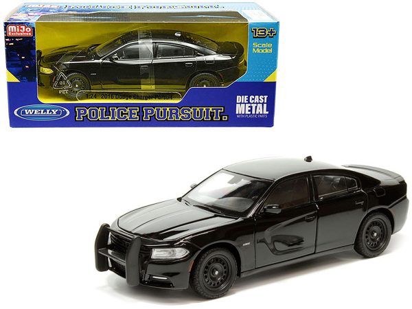 2016 Dodge Charger Pursuit Police Interceptor Black Unmarked "Police Pursuit" Series 1/24 Diecast Model Car by Welly - Image 3